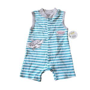 Quacker Jack Blue White Striped Snap Front Shorts Romper with Shark Applique NWT